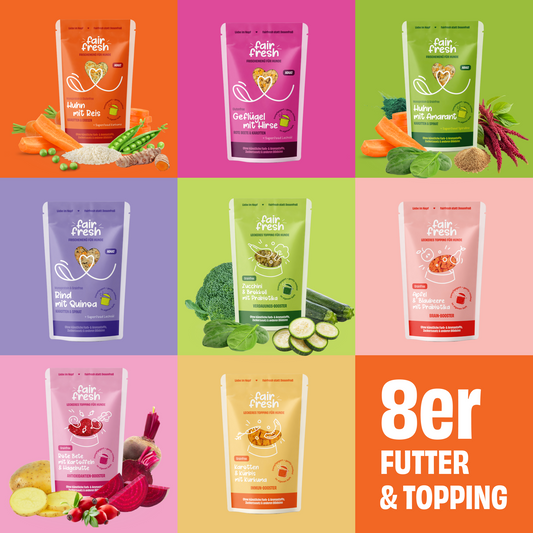 FAiRFRESH Probierpaket Hundefutter + Toppings - Ohne Kühlung haltbar!  (jede Sorte einmal)