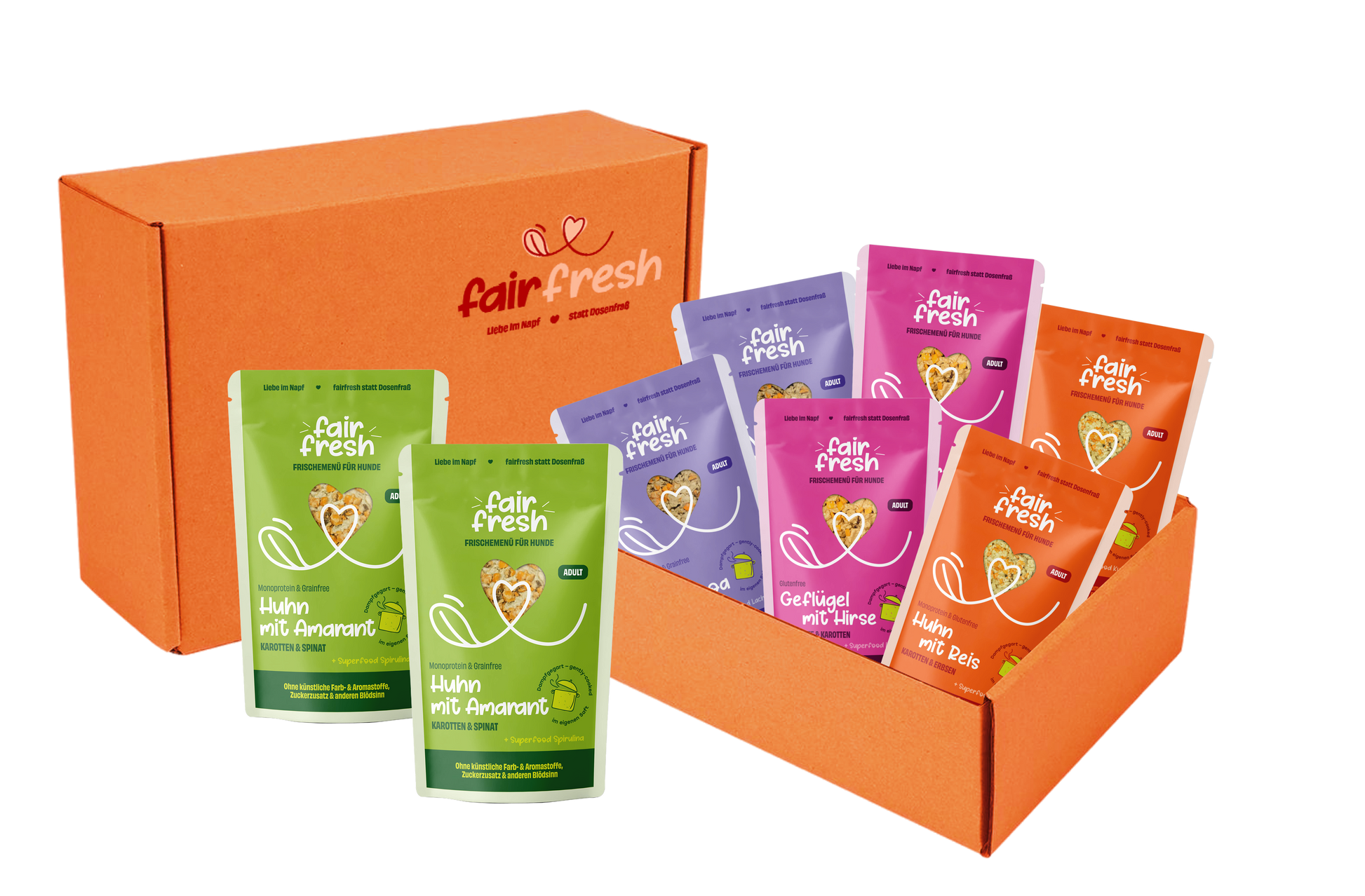 FAiRFRESH 8er Alleinfutter Übersicht – Huhn Rind Geflügel RealCooked Portionsbeutel