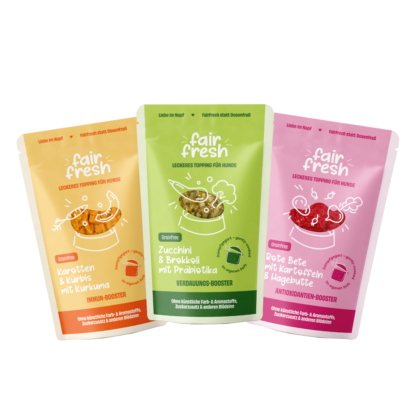 FAiRFRESH 6er Gemüse-Toppings Probierpaket – alle Sorten dampfgegart BARF Ergänzung Hund