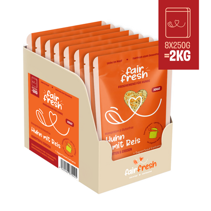 FAiRFRESH Huhn Reis 8er Paket – Multipack Hundefutter dampfgegart Probierpaket