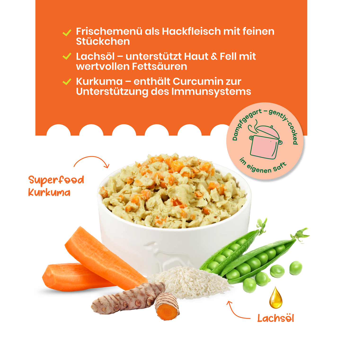 FAiRFRESH Huhn Reis Schüssel – frische Zutaten Serving Suggestion Hundefutter dampfgegart