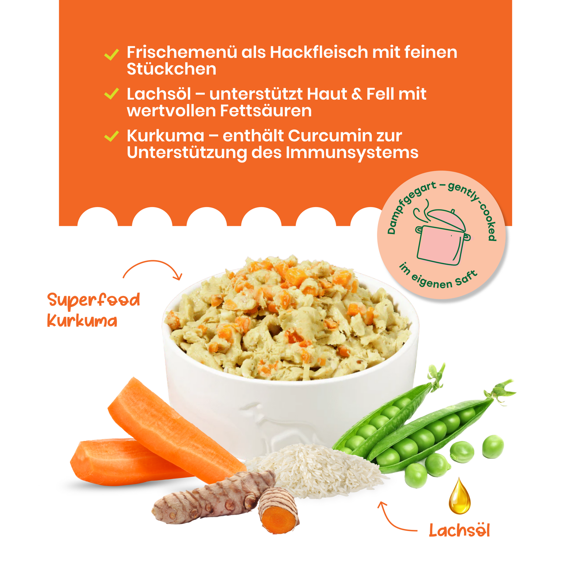 FAiRFRESH Huhn Reis Schüssel – frische Zutaten Serving Suggestion Hundefutter dampfgegart
