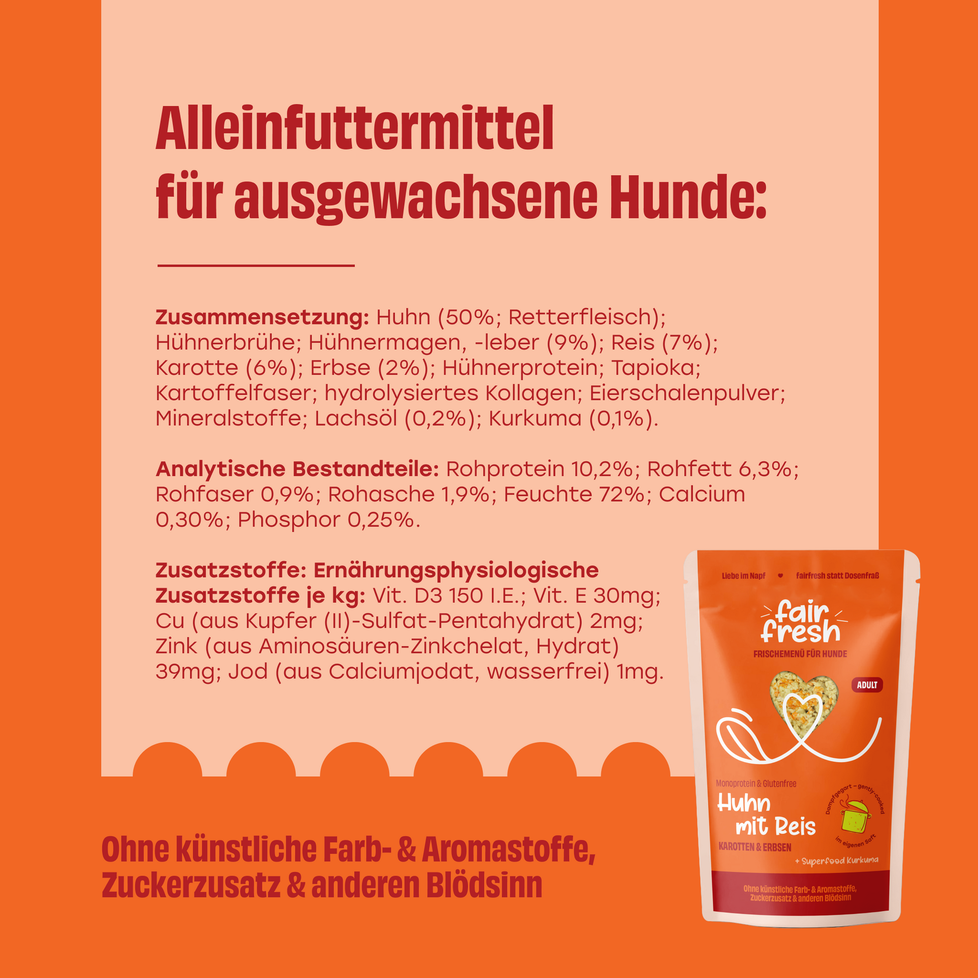 FAiRFRESH Huhn Reis Zusammensetzung – Nährwertangaben Rohprotein Rohfett Aminosäuren FEDIAF