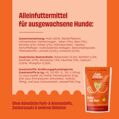 FAiRFRESH Huhn Reis Zusammensetzung – Nährwertangaben Rohprotein Rohfett Aminosäuren FEDIAF