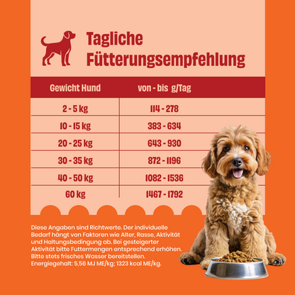FAiRFRESH Huhn Reis Fütterungsempfehlung – Tagesration nach Körpergewicht Hund