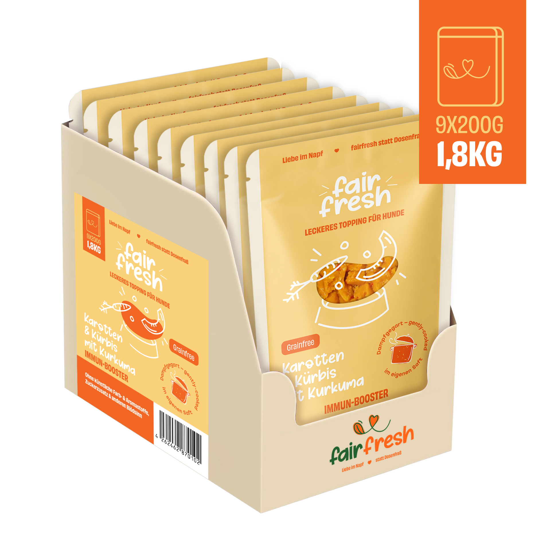 FAiRFRESH Karotten Kürbis Topping 9er Paket – Monatsvorrat Hund dampfgegart
